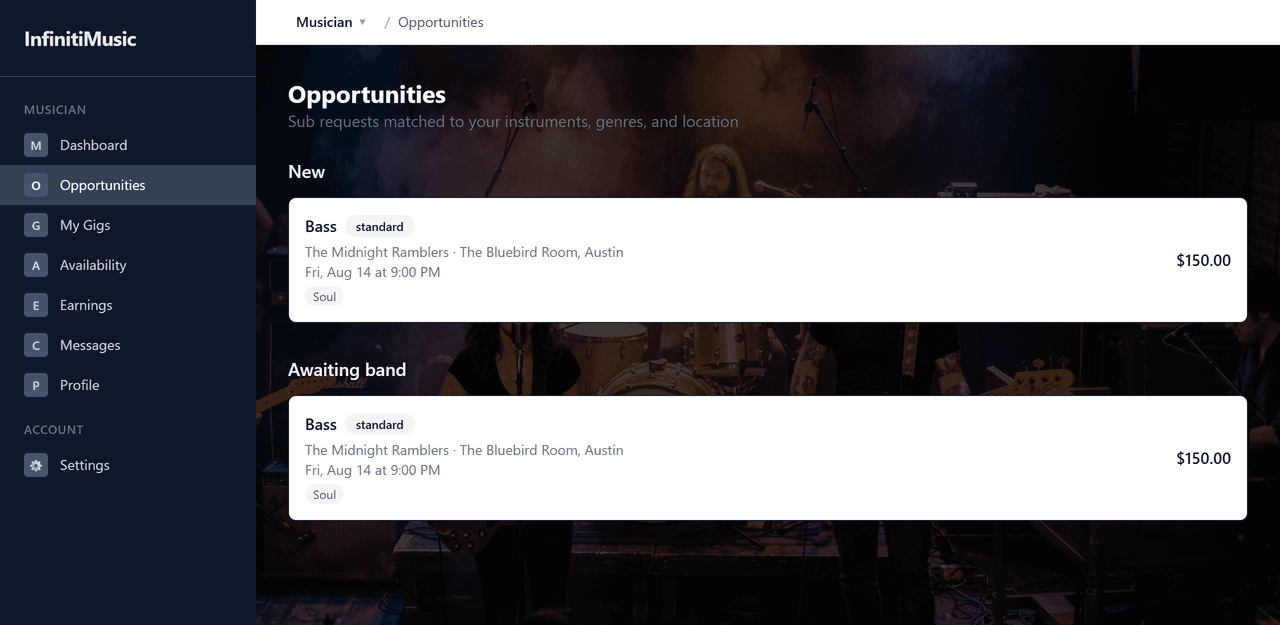 Musician view in InfinitiMusic: nearby paying sub opportunities